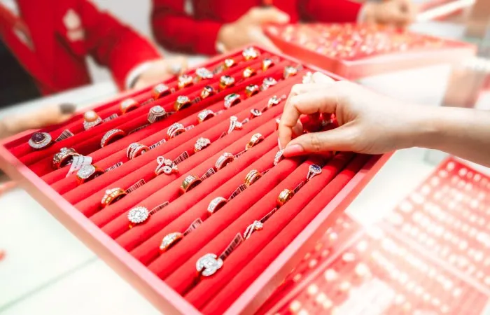 Jewellery in red trays from the Money OK archive