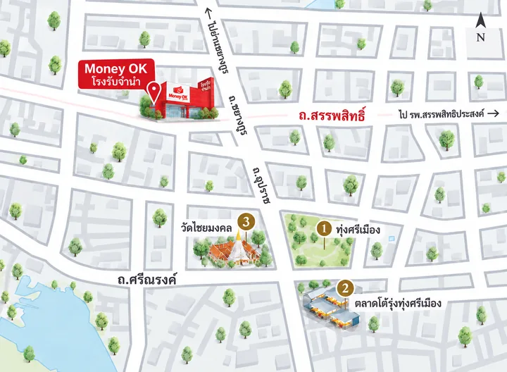 สาขาสี่แยกกิโลศูนย์ · ภาพแผนที่สังเขป ไม่ใช่มาตราส่วนจริง · ถ.สรรพสิทธิ์, ถ.อุปราช, ถ.ชยางกูร, ถ.ศรีณรงค์, ทุ่งศรีเมือง, ตลาดโต้รุ่งทุ่งศรีเมือง, วัดไชยมงคล