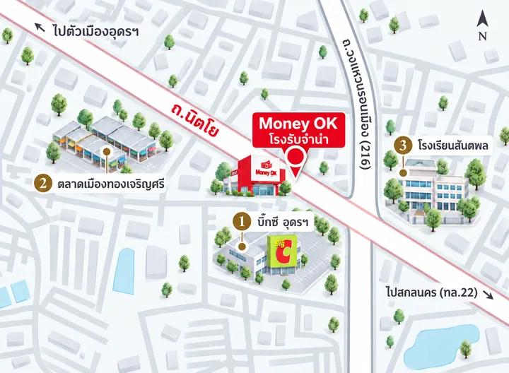 สาขานิตโย · ภาพแผนที่สังเขป ไม่ใช่มาตราส่วนจริง · ถ.นิตโย, ถ.วงแหวนรอบเมืองอุดรธานี, บิ๊กซี อุดรฯ, ตลาดเมืองทองเจริญศรี, โรงเรียนสันตพล